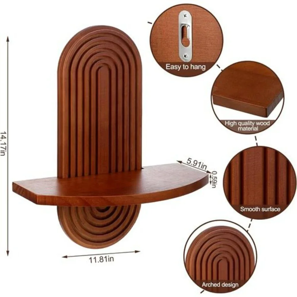 Set of 2 Boho Arched Wooden Wall Shelves Walnut Hanging Floating Rainbow Decor